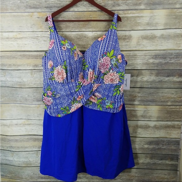 Swimsuits For All NWT Size 34 Draped Front Swimdress Blue Floral Modest - Picture 2 of 12